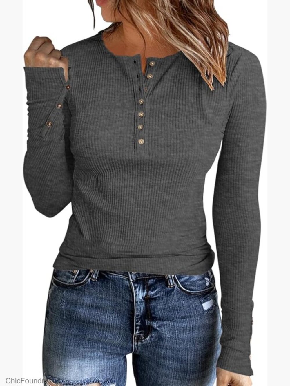 Long Sleeve Ribbed Knit Tunic Slim Fit Henley Top with Coconut Buttons